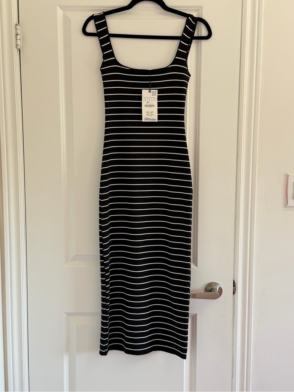 Zara Black & White Striped Square-Neck Midi Dress